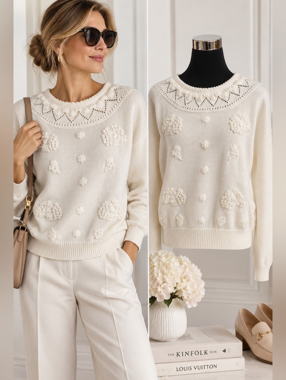 Cream Ivory 3D Floral Knit Pullover Sweater Crewneck Openwork Yoke